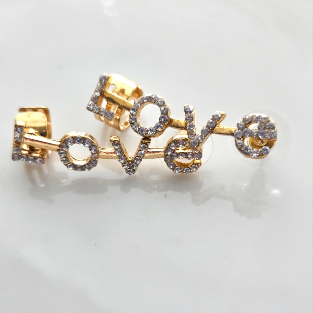 Gold Rhinestone LOVE Ear Cuff Drop Earrings Statement Dangle Fashion Jewelry - Picture 4 of 6